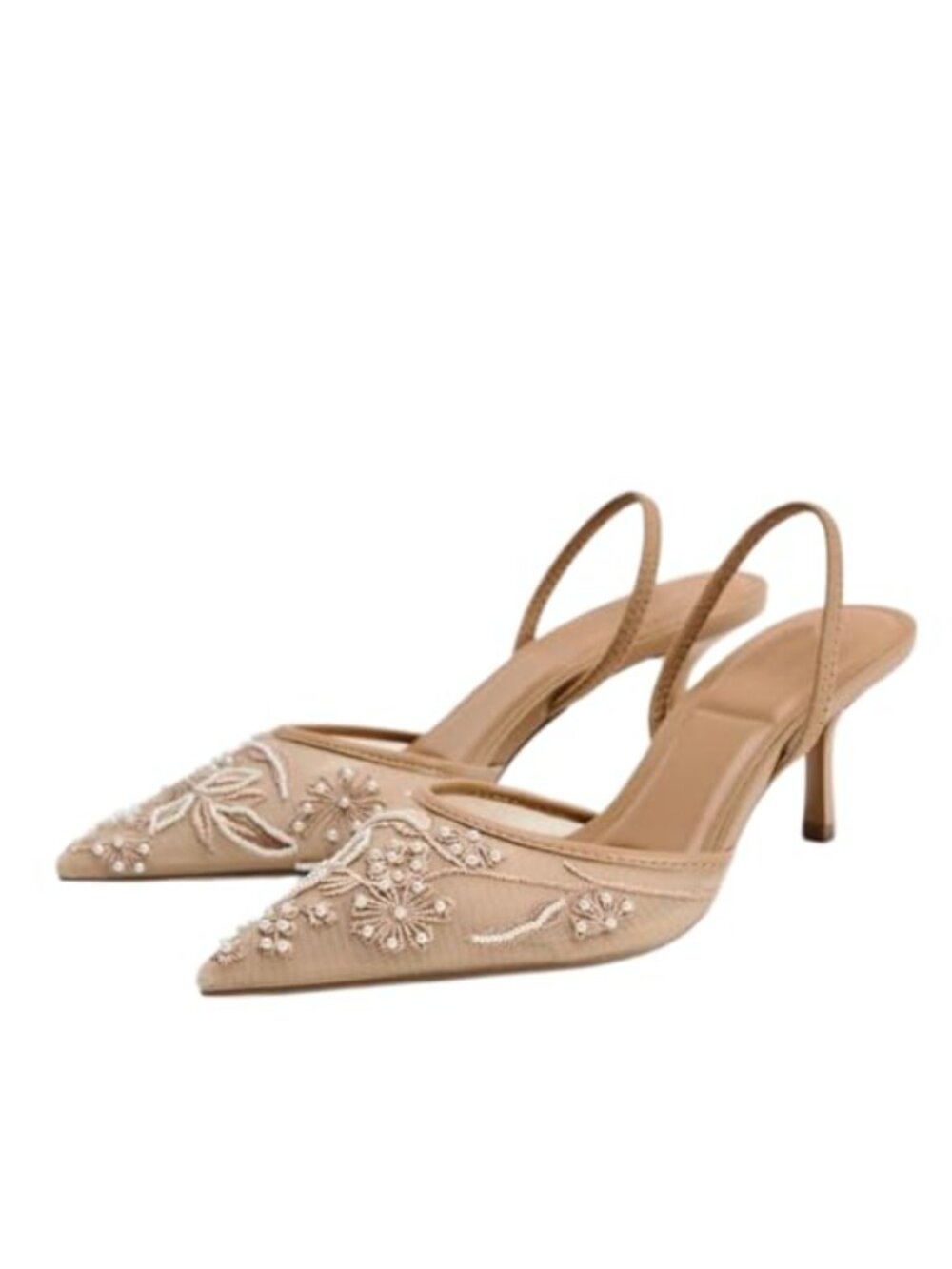 Women's Mesh Floral Embroidered Slingback Heels Pearl Studded Pointed Toe